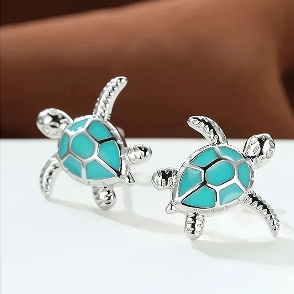 Silver and Turquoise Turtle Earrings
